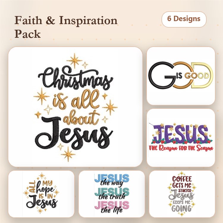 Faith and Inspiration Quotes Embroidery Designs Bundle – Christmas is all about Jesus, God is Good, J.E.S.U.S. The Reason for the Season & More (6 Designs)