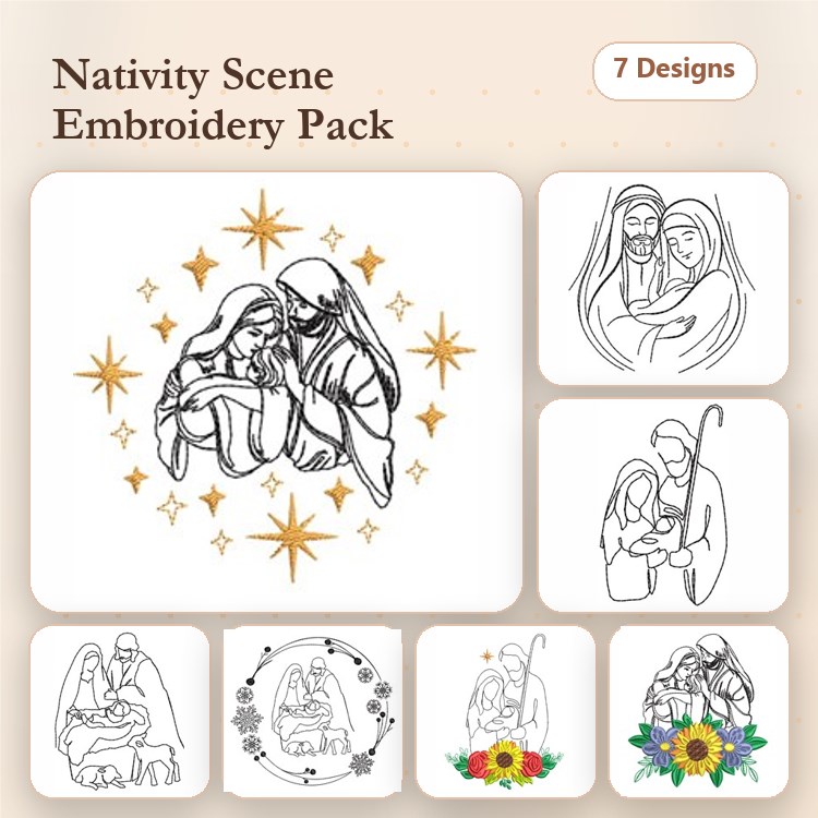 Redwork Nativity Scene Embroidery Designs Bundle – Mary & Joseph, Holy Family, Jesus in the Manger & More (7 Designs)