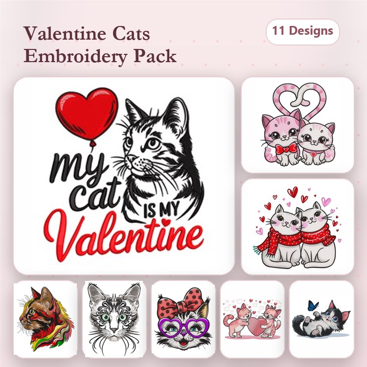 Valentine-themed Cats Embroidery Designs Bundle – My Cat is My Valentine, Cat with Heart Balloon, Two Cats with Hearts & More (11 Designs)