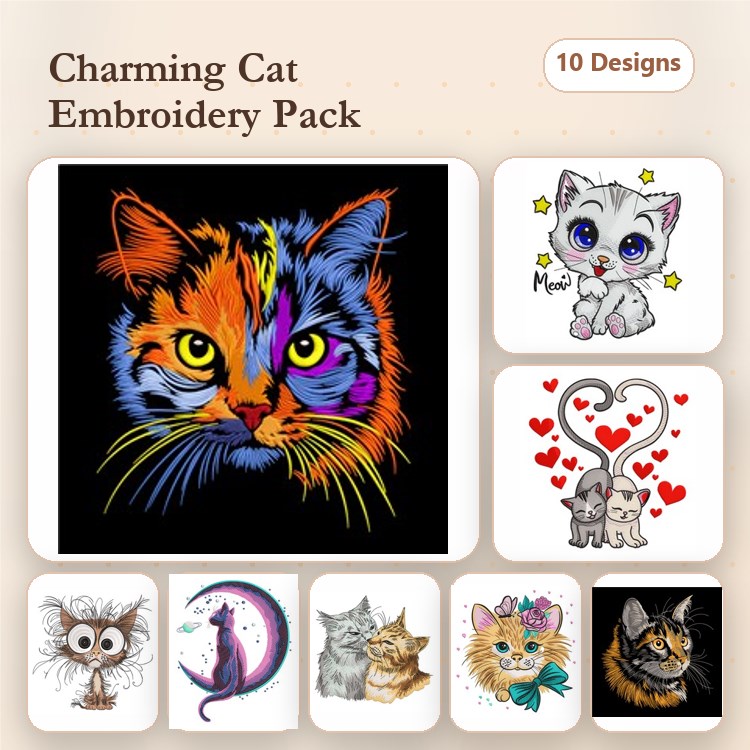Charming Cats Embroidery Designs Bundle – Colorful Cat Face, Cute White Kitten, Cat with Hearts & More (10 Designs)