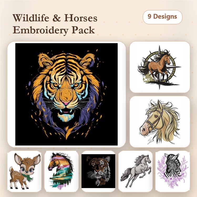 Wildlife & Horses Embroidery Designs Bundle – Tiger Face, Horse Compass, Deer Fawn & More (9 Designs)