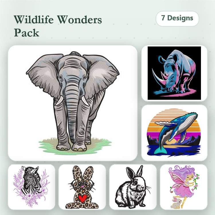 Wildlife Animals Embroidery Bundle – Elephant, Rhino, Whale & More (7 Designs)