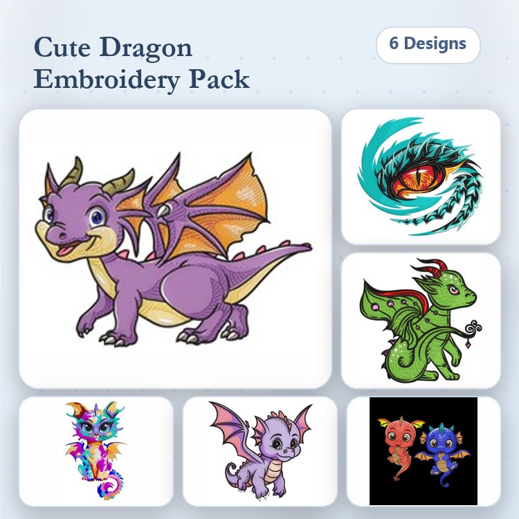 Cute Dragon Characters Embroidery Designs Bundle – Purple Dragon, Green Dragon, Dragon Eye & More (6 Designs)