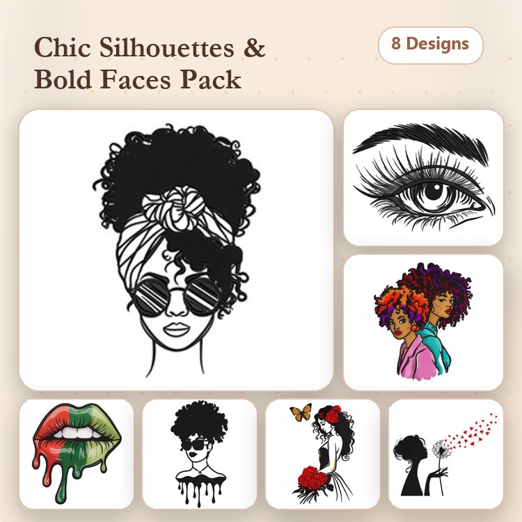 Chic Silhouettes Embroidery Designs Bundle – Woman with Curly Hair, Eyebrows and Eyes, Lip Art & More (8 Designs)