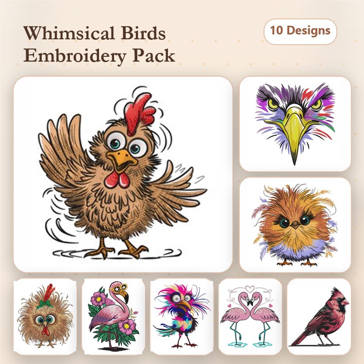 Vibrant Bird Embroidery Bundle – Cartoon Chicken, Flamingo, Colorful Bird & More (10 Designs)