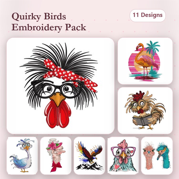 Quirky Birds Embroidery Designs Bundle – Chic Rooster with Glasses, Flamingo in Tropical Background, Silly Chicken & More (11 Designs)