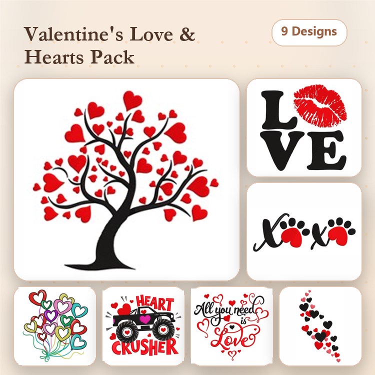 Valentine's Day & Love Embroidery Designs Bundle – Heart Tree, Love Text with Lips, Paw Print Hearts & More (9 Designs)