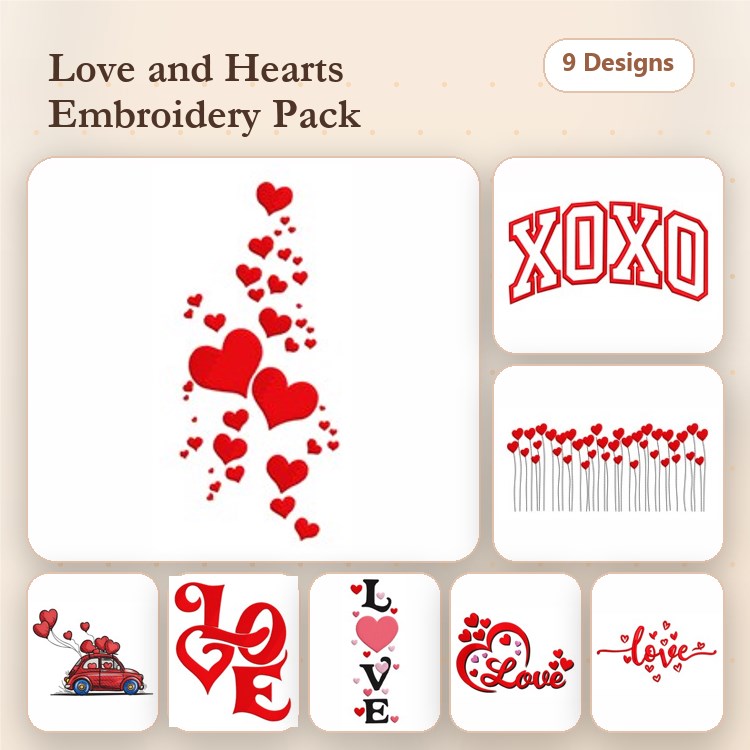 Love & Hearts Embroidery Designs Bundle – Heart Scatter, XOXO, Love with Hearts & More (9 Designs)