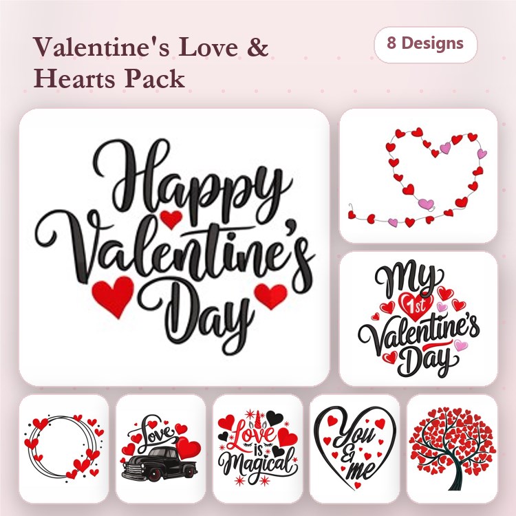 Valentine's Day Hearts Embroidery Designs Bundle – Happy Valentine's Day, Heart Tree, You & Me & More (8 Designs)