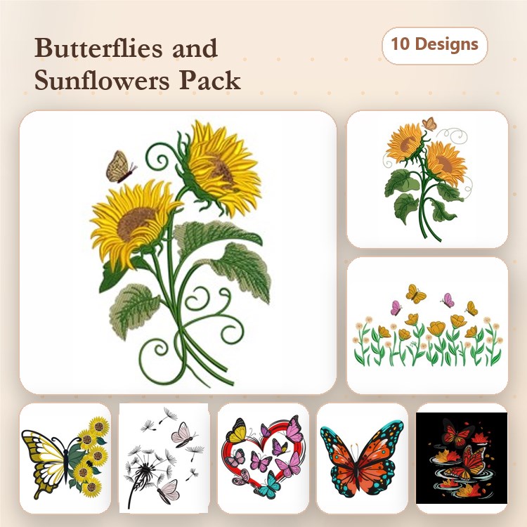 Floral Embroidery Bundle – Sunflower Bouquet, Butterfly Garden, Colorful Butterfly & More (10 Designs)