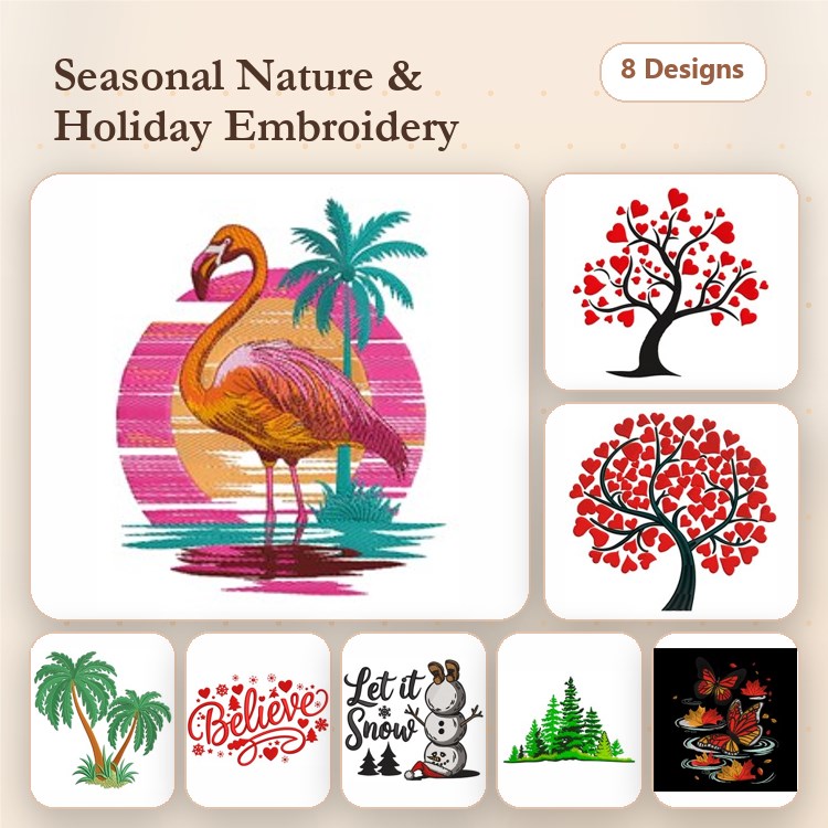 Seasonal Nature & Holiday Embroidery Designs Bundle – Flamingo, Snowman, Christmas Tree & More (8 Designs)