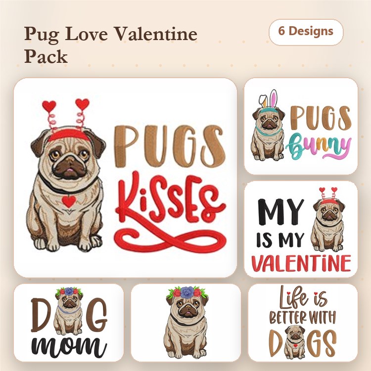 Pug Dog Embroidery Designs Bundle – Pug Kisses, Life Is Better With Dogs & More Quotes (6 Designs)