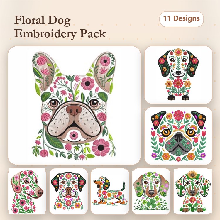 Floral Dog Embroidery Designs Bundle – Dachshund, Pug, Corgi, French Bulldog, Beagle & More (11 Designs)