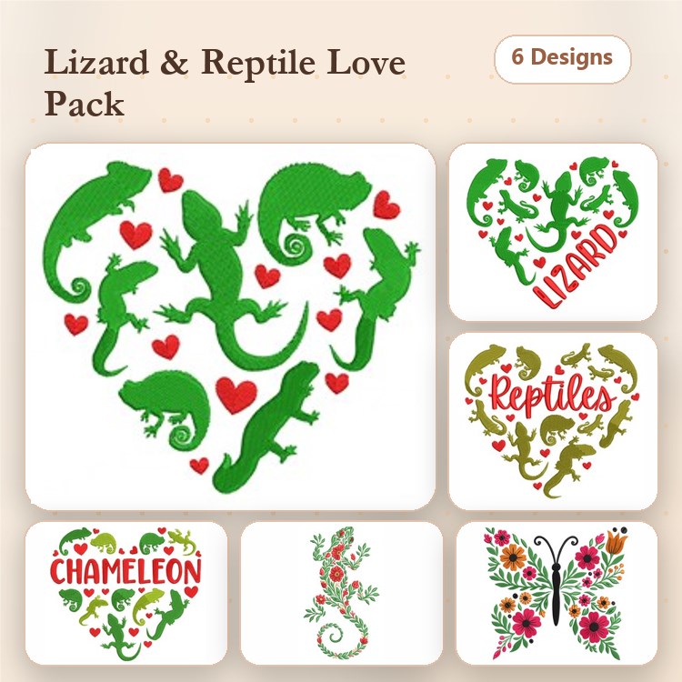 Lizard & Chameleon Embroidery Designs Bundle – Lizard Heart, Floral Lizard, Chameleon & More (6 Designs)