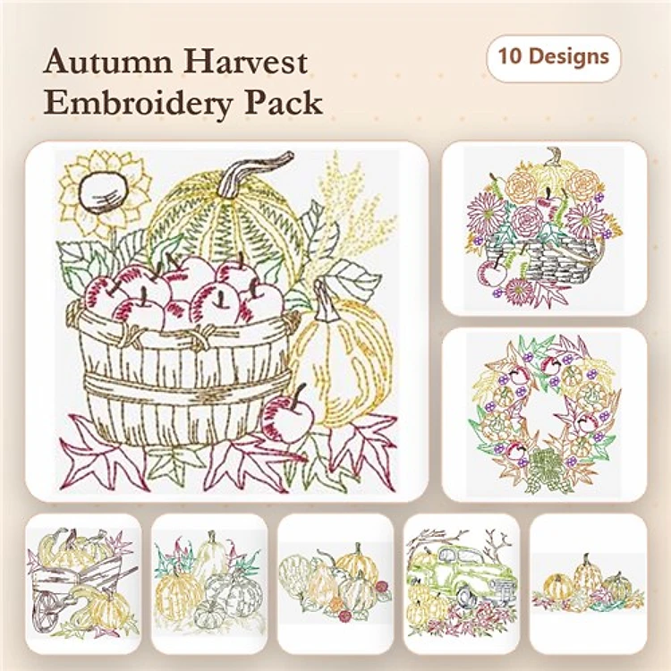 Redwork Autumn Harvest Embroidery Designs Bundle – Apple Basket, Pumpkin Wreath, Cornucopia & More (10 Designs)