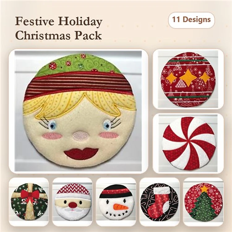 ITH Holiday Ornaments Embroidery Designs Bundle – Holiday Girl, Snowman, Santa Hat & More (11 Designs)