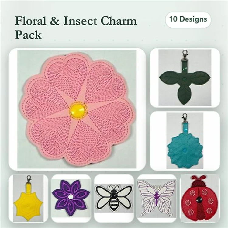 ITH Floral & Insect Charms Embroidery Designs Bundle – Flower, Bee, Ladybug & More (10 Designs)