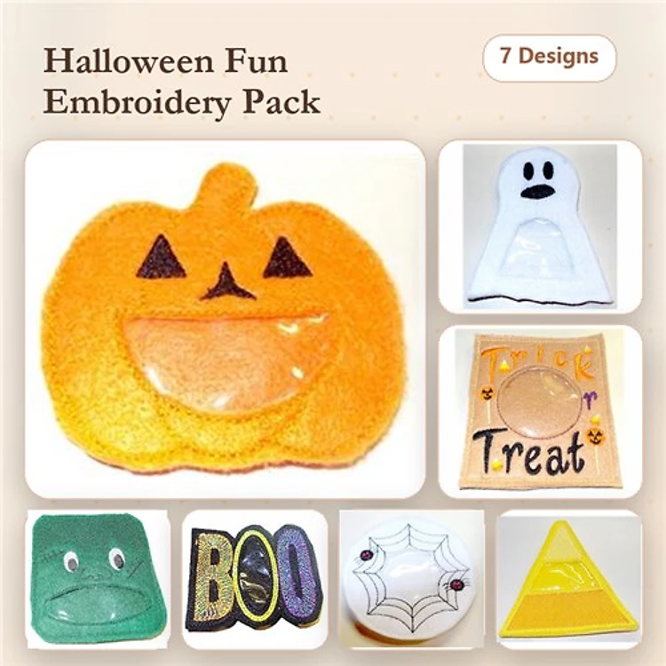 ITH Halloween Embroidery Designs Bundle – Pumpkin Treat Bag, Ghost Bag, Trick or Treat Sign & More (7 Designs)