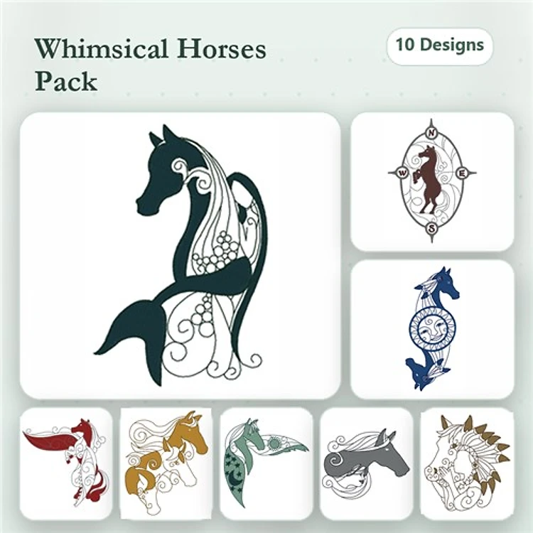 Playful Horse Embroidery Bundle – Decorative Horse Silhouette, Horse with Floral Patterns, & More (10 Designs)