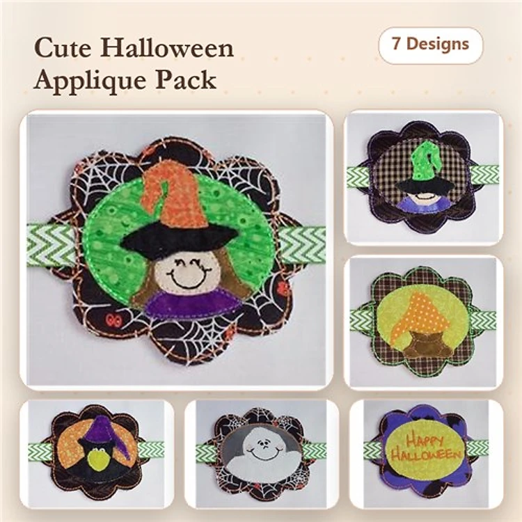 Applique Halloween Embroidery Designs Bundle – Witch with Hat, Pumpkin with Face, Cat in Halloween Costume & More (7 Designs)