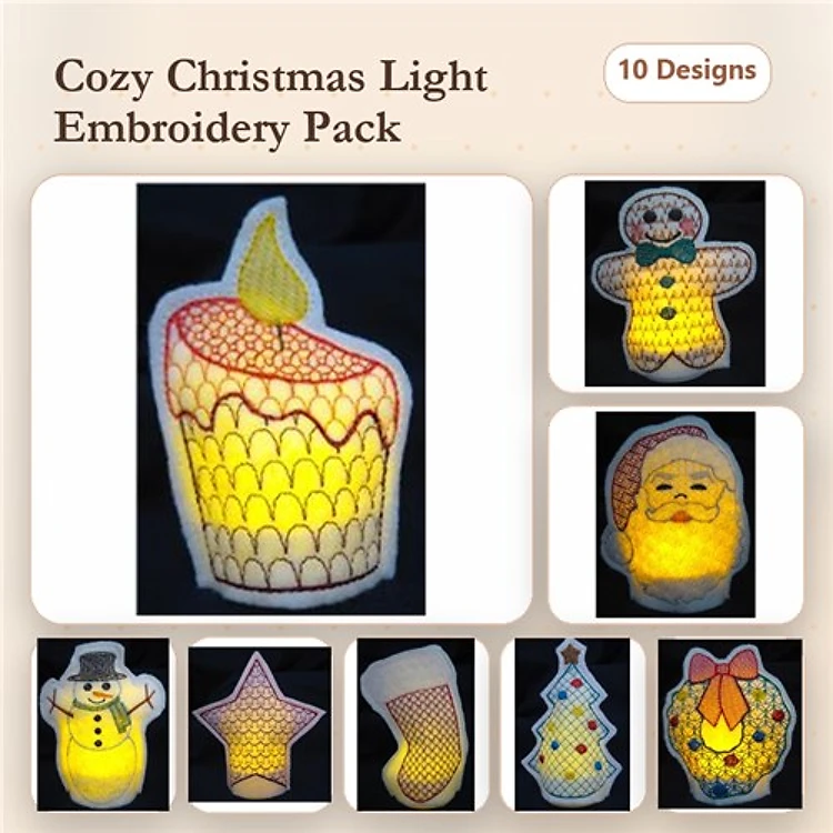 ITH Christmas Light Embroidery Designs Bundle – Candle Light, Gingerbread Man Light, Santa Light & More (10 Designs)