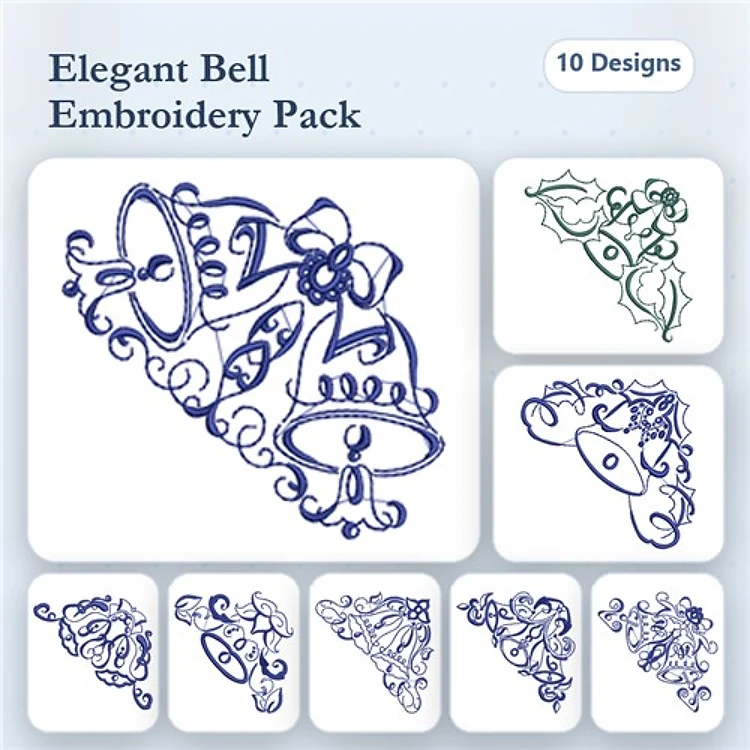 Redwork Elegant Bell Embroidery Designs Bundle – Decorative Bell with Bow, Ornate Bell with Swirls & More (10 Designs)