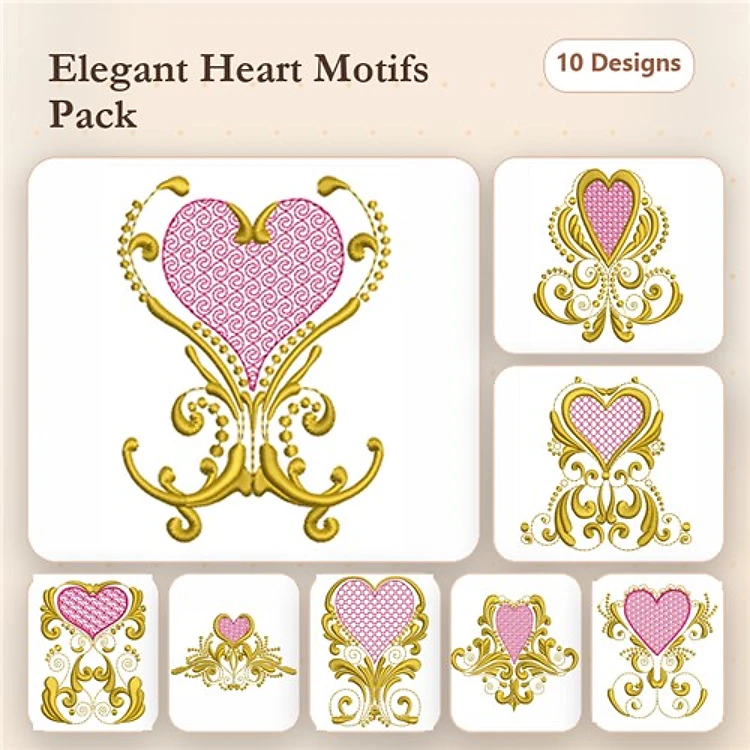 Elegant Heart Embroidery Designs Bundle – Heart Motif with Swirls, Ornate Heart with Floral Elements & More (10 Designs)