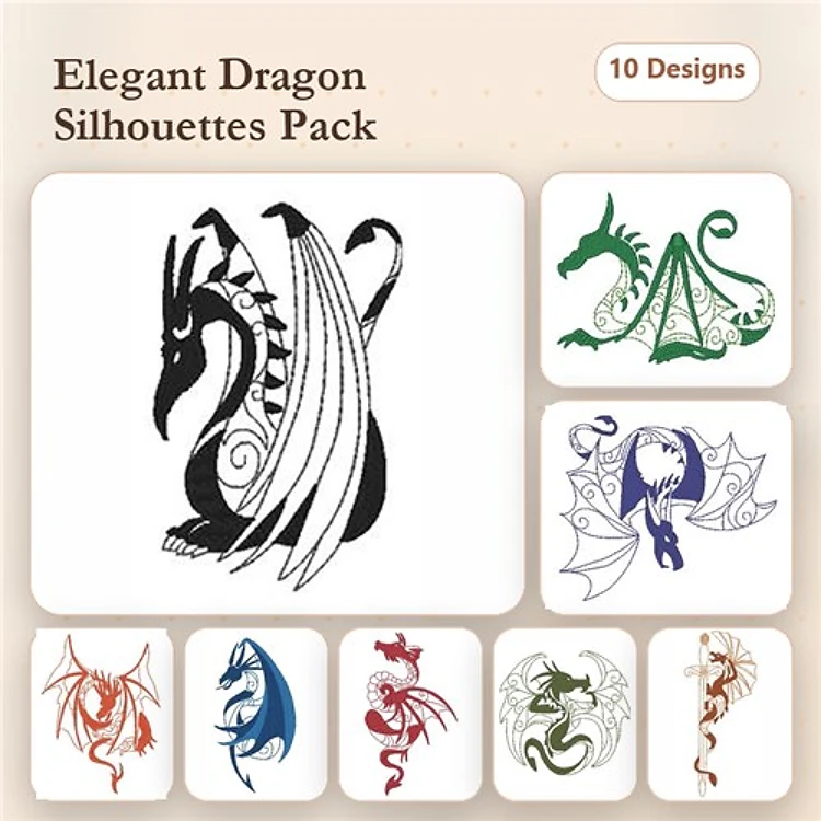 Redwork Dragon Silhouette Embroidery Bundle – Elegant Dragon Silhouette 1, 2, 3 & More (10 Designs)
