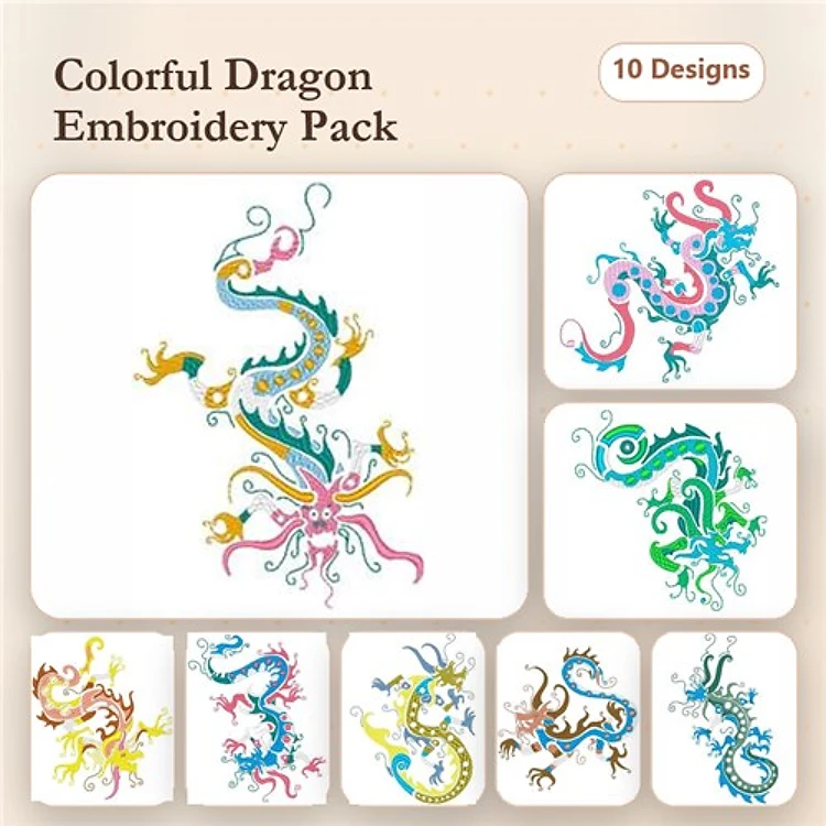 Colorful Dragons Embroidery Designs Bundle – Colorful Dragon with Crown, Elegant Dragon, Dragon With Whimsical Details & More (10 Designs)