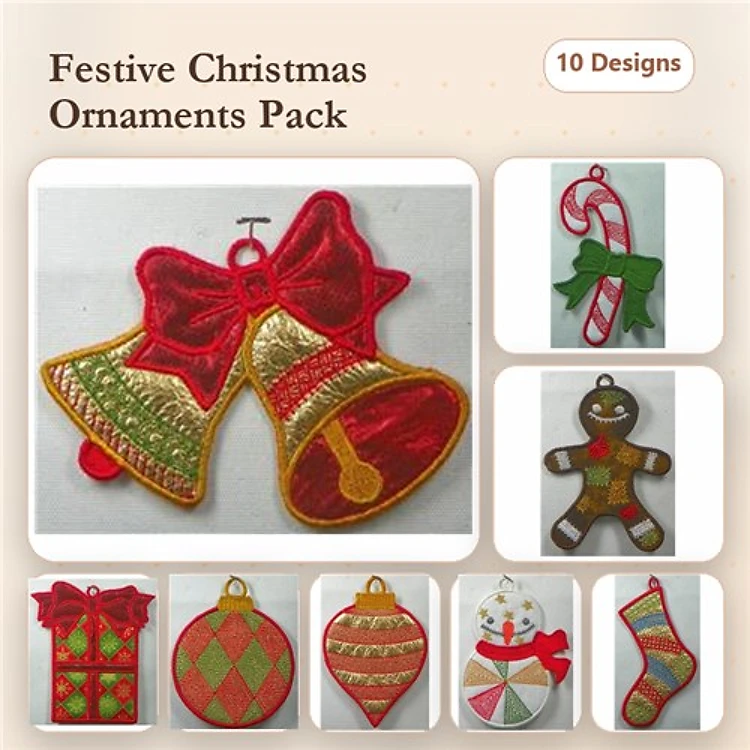 Christmas Ornament Embroidery Designs Bundle – Bells, Candy Cane, Gingerbread Man & More (10 Designs)