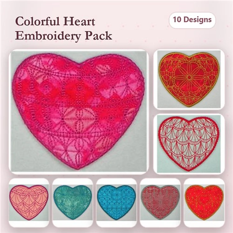 FSL Colorful Heart Embroidery Bundle – Pink, Red, Teal, Blue & More (10 Designs)