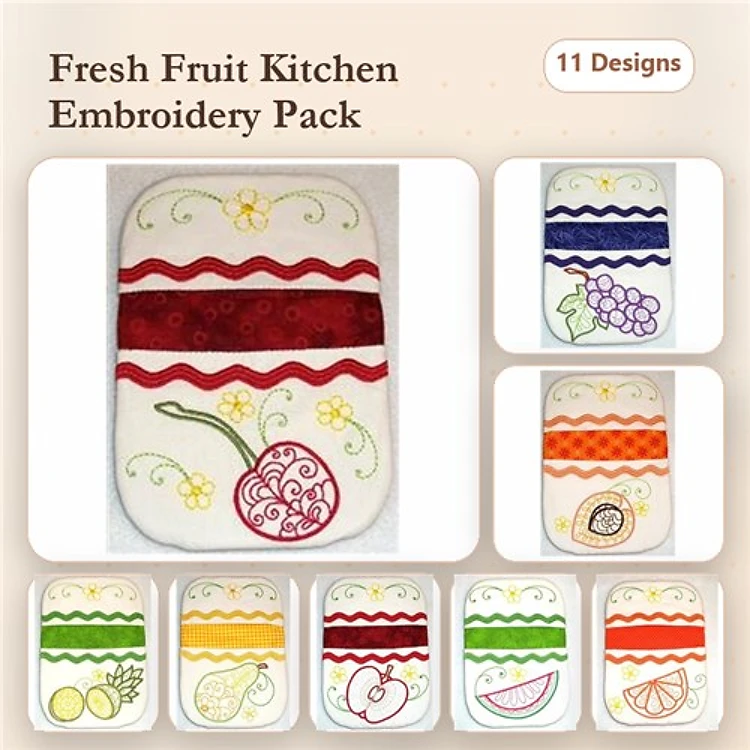 Redwork Fresh Fruit Embroidery Designs Bundle – Cherry, Grapes, Lemon Slice & More (11 Designs)