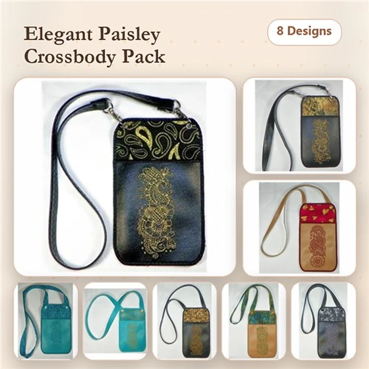 ITH Elegant Paisley Crossbody Bag Embroidery Designs Bundle – Teal Paisley Case, Gold Paisley Design, Multi-colored Phone Case & More (8 Designs)