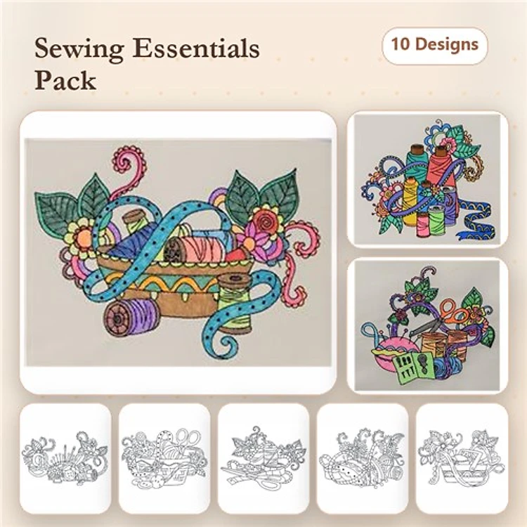 Sewing Essentials Embroidery Designs Bundle – Sewing Basket with Spools, Colorful Scissors, Measuring Tape & More (10 Designs)