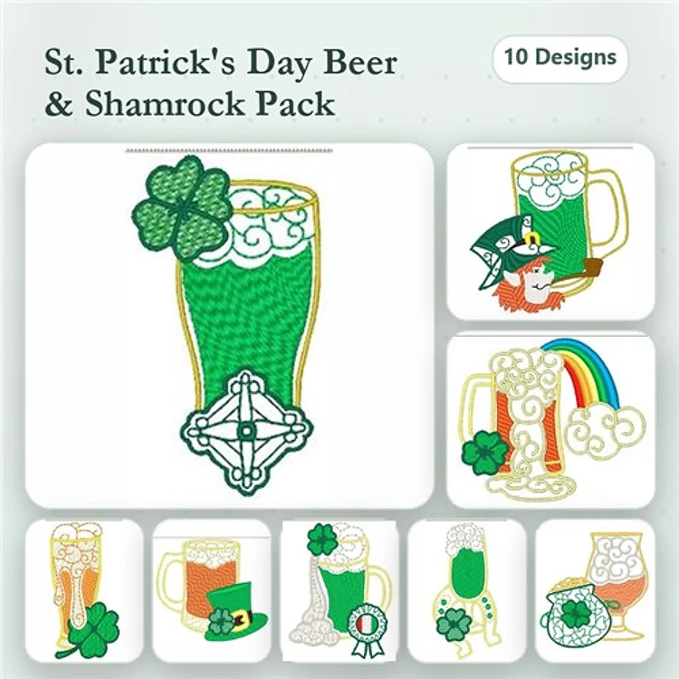 St. Patrick's Day Beer & Shamrocks Embroidery Designs Bundle – Beer Mug with Shamrock, Leprechaun Hat, Rainbow & More (10 Designs)