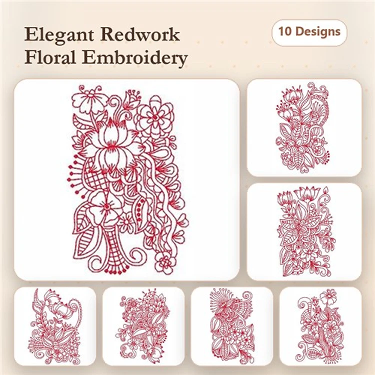 Redwork Floral Embroidery Designs Bundle – Floral Bouquet, Ornate Flower Cluster, Elegant Rose & More (10 Designs)
