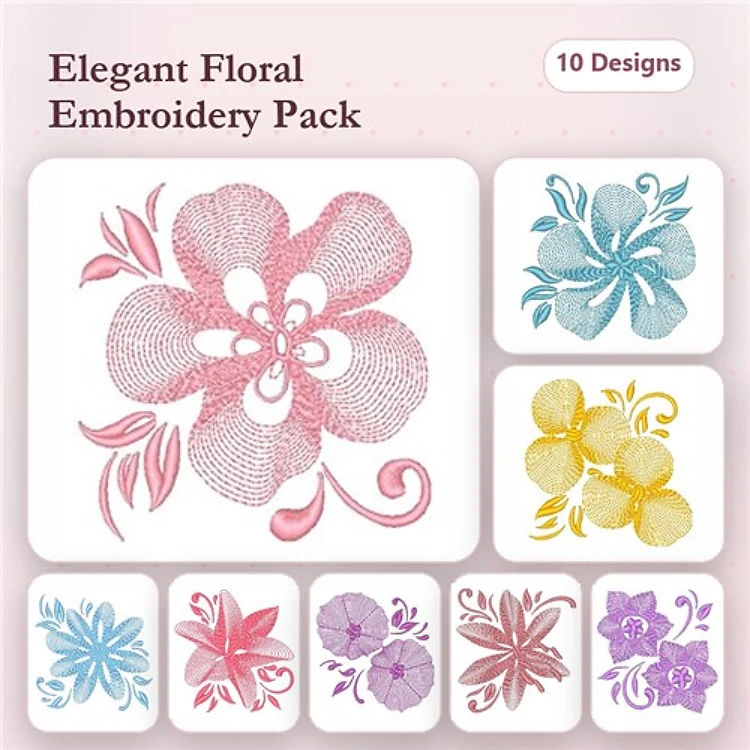 Rippled Elegant Floral Embroidery Designs Bundle – Large Rippled Pink Flower, Rippled Yellow Floral & More (10 Designs)