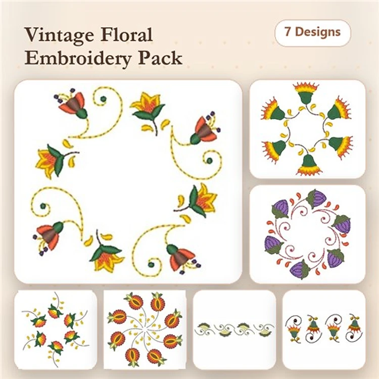 Floral Embroidery Bundle – Floral Vine with Tulips, Colorful Flower Swirl, Bouquet of Flowers & More (7 Designs)