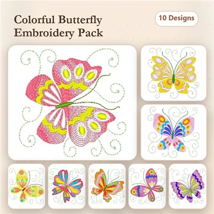 Colorful Butterflies Embroidery Bundle – Pink, Yellow, Blue, Multicolor & More (10 Designs)