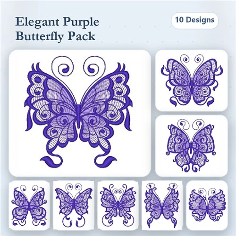 Purple Butterflies Embroidery Bundle – Elegant Butterfly with Swirls, Decorative Butterfly, Intricate Butterfly & More (10 Designs)