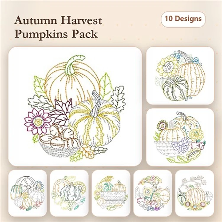 Redwork Autumn Harvest Pumpkins Embroidery Designs Bundle – Pumpkin with Flowers, Basket of Pumpkins, & More (10 Designs)