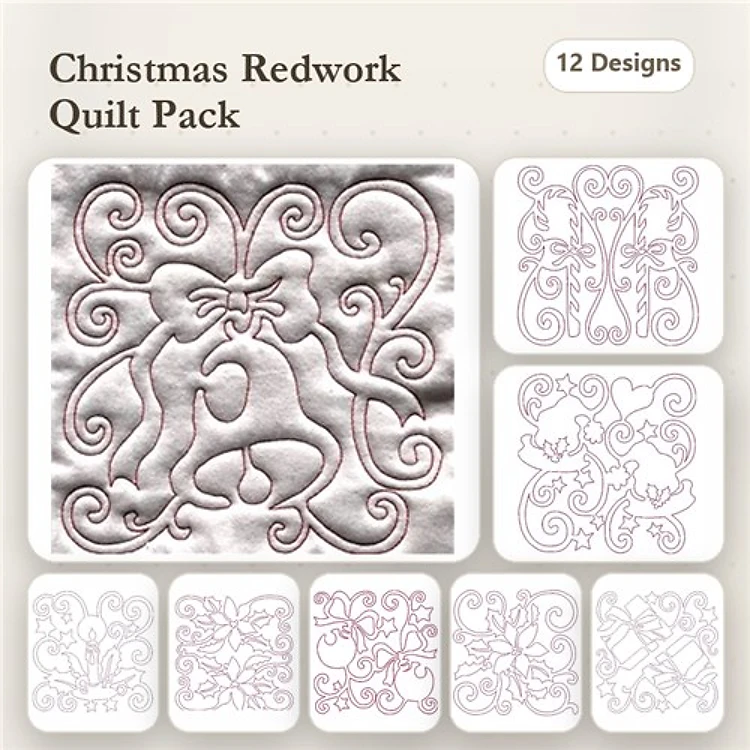 Redwork Christmas Quilting Embroidery Designs Bundle – Christmas Ornament, Floral Heart, Swirly Design & More (12 Designs)