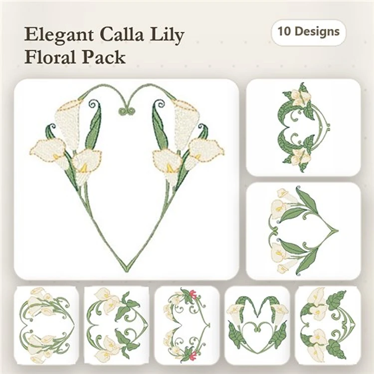 Elegant Calla Lily Embroidery Designs Bundle – Calla Lily Heart, Floral Border with Calla Lilies & More (10 Designs)
