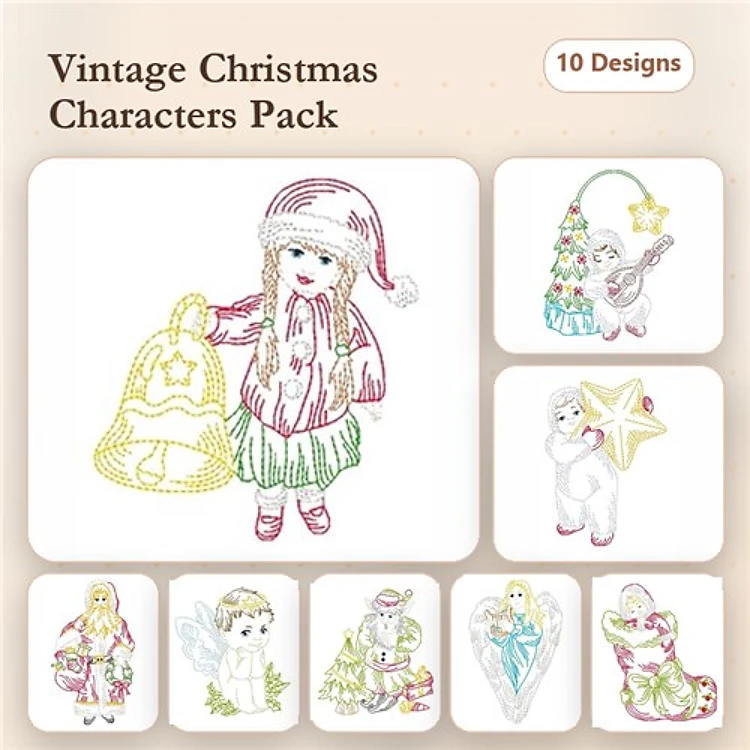 Redwork Vintage Christmas Characters Embroidery Designs Bundle – Girl with Bell, Polar Bear with Star & More (10 Designs)