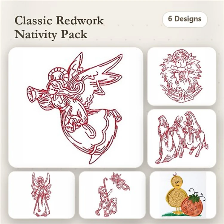 Redwork Nativity Embroidery Designs Bundle – Angel with Horn, Nativity Scene with Mary and Joseph & More (6 Designs)