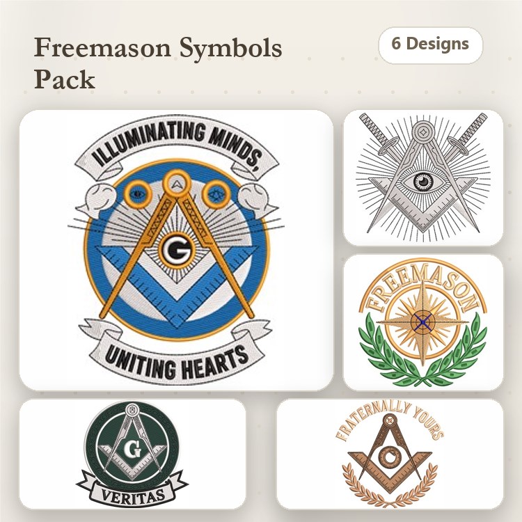 Masonic Symbols Embroidery Designs Bundle – Compass & Square Logo, Freemason Emblem, Veritas Emblem & More (6 Designs)