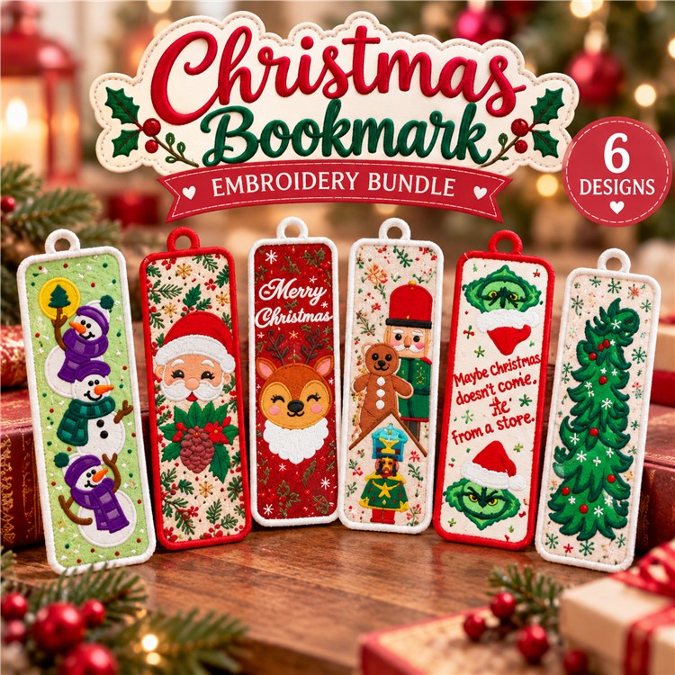 Christmas Bookmark Embroidery Designs Bundle – Snowman, Santa, Christmas Tree & More (6 Designs)