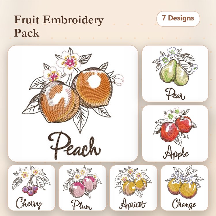 Fruit Embroidery Bundle – Peach, Pear, Apple & More (7 Designs)