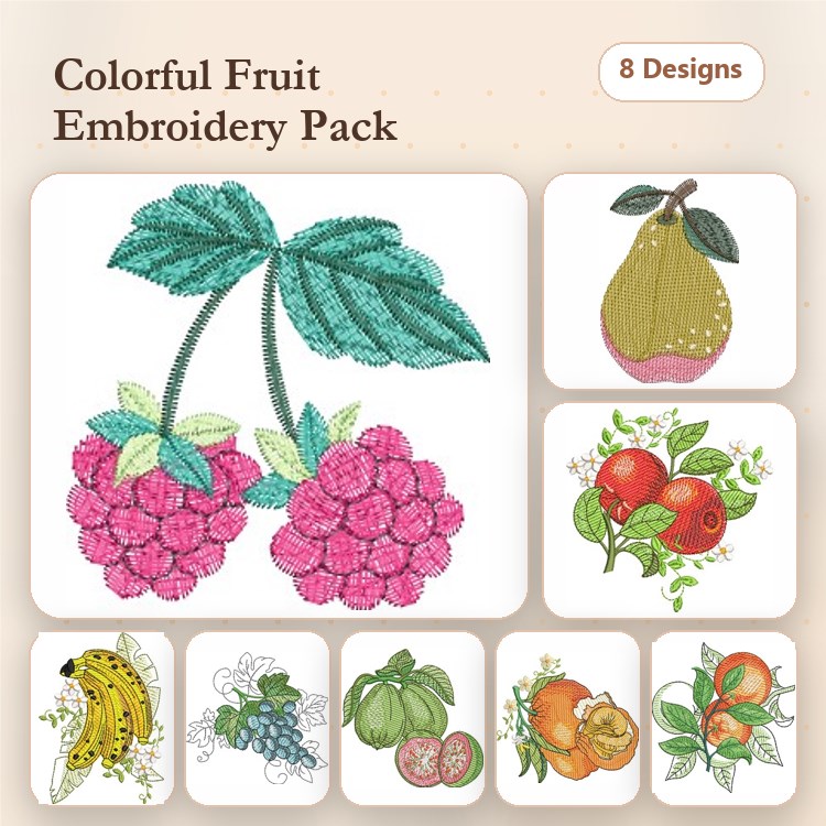 Colorful Fruit Embroidery Designs Bundle – Raspberry, Pear, Apple, Banana & More (8 Designs)