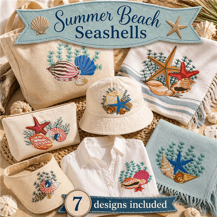 Seashell & Starfish Embroidery Designs Bundle – Seashell with Starfish, Blue Sea Shell, Starfish on Beach Bag & More (7 Designs)